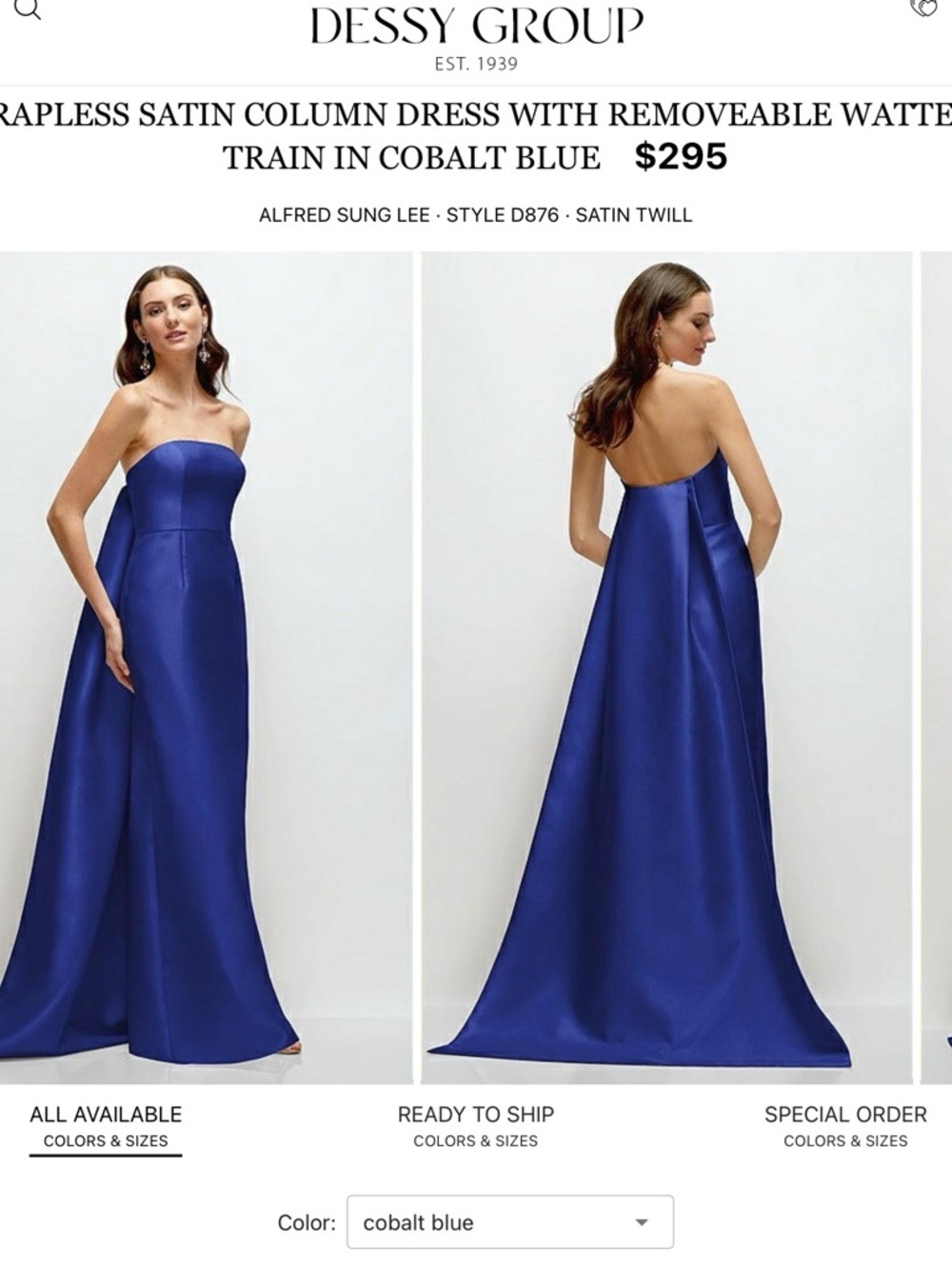Strapless Satin Column Dress in Cobalt Blue by Dessy Group